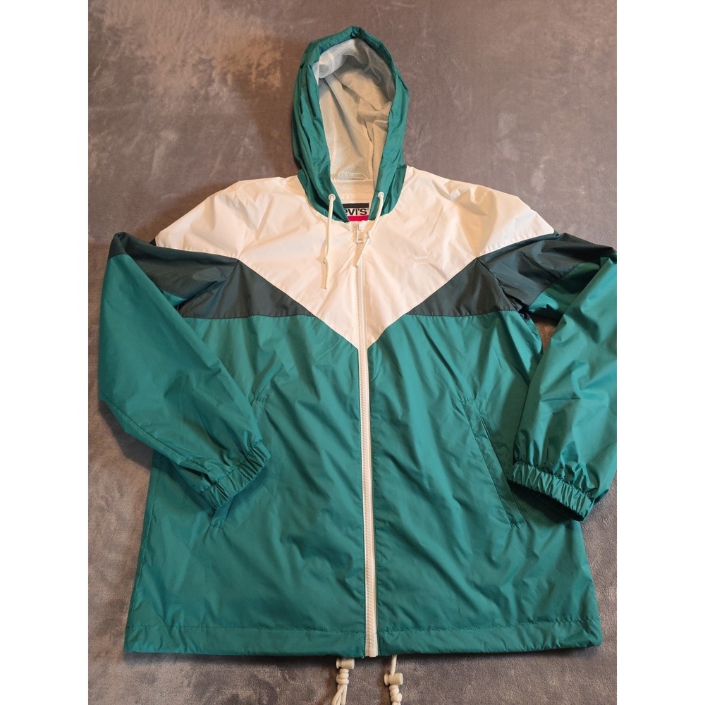 Levi's Windbreaker Rain Jacket Women's S Embroidered Green Grey White Elastic...